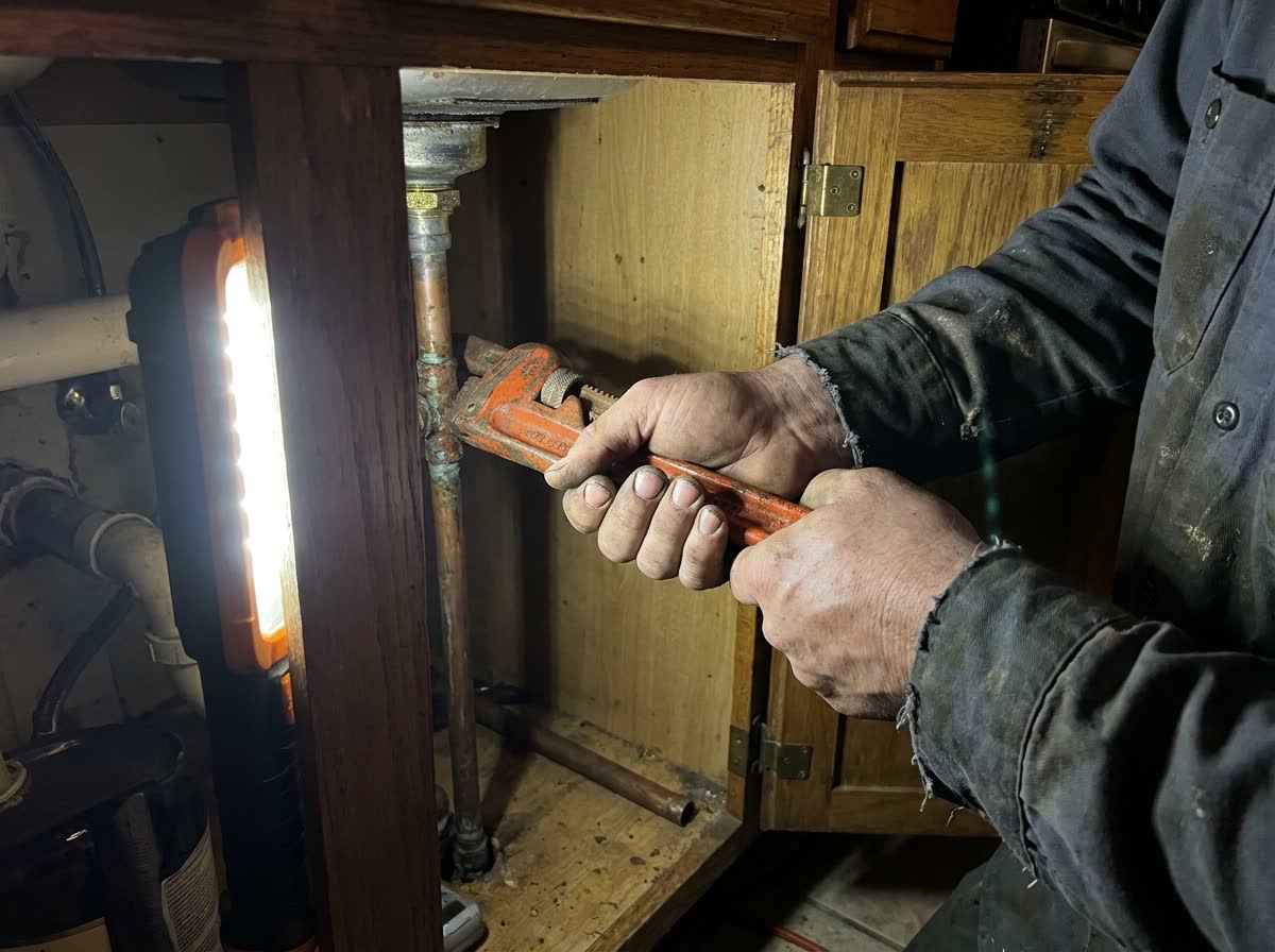 A plumber’s hands turning a pipe wrench on a corroded fitting under a kitchen sink, lit by a single work light
