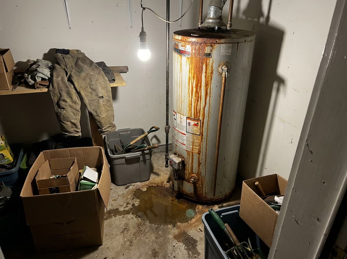 A corroded domestic water heater with rust streaking down the tank and water pooled on the concrete floor