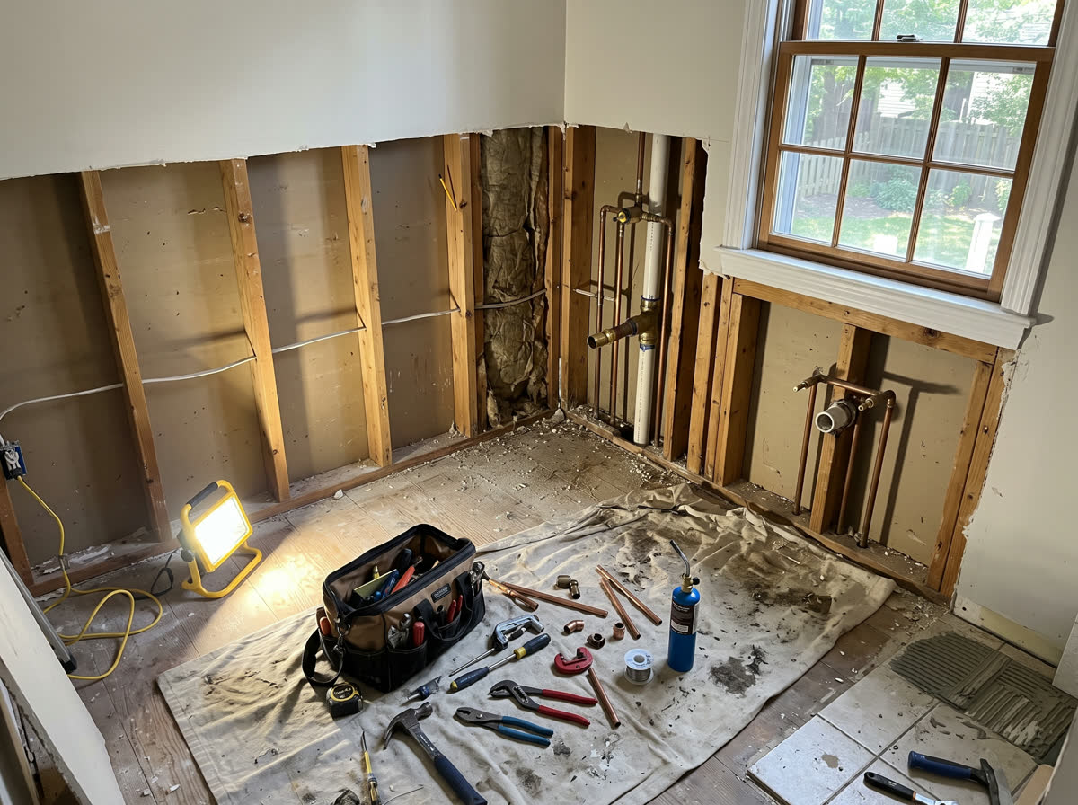 A half-finished bathroom repair, tools and copper offcuts laid out on a dust sheet, the wall opened to expose studs and pipework