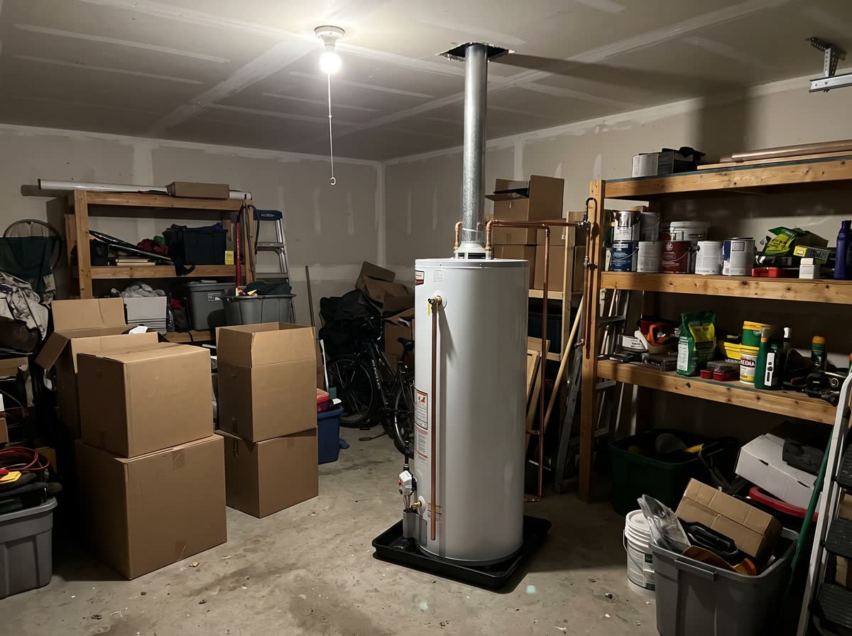A newly installed gas water heater in a cluttered garage, new copper pipework and a drip pan at its base