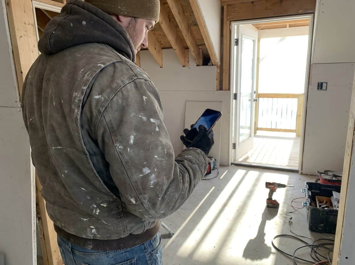 A tradesperson in dirty work clothes glancing at a phone between tasks in a part-finished room