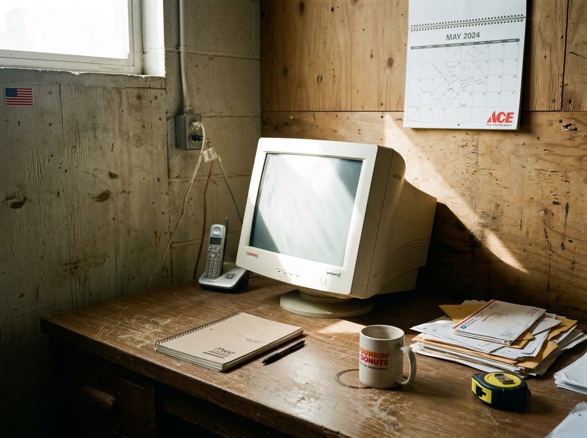 The back-office corner of a small trade business: an older desktop monitor with the screen a blank glare, a cordless phone, a spiral notebook and a stack of unopened mail on a scratched wooden desk