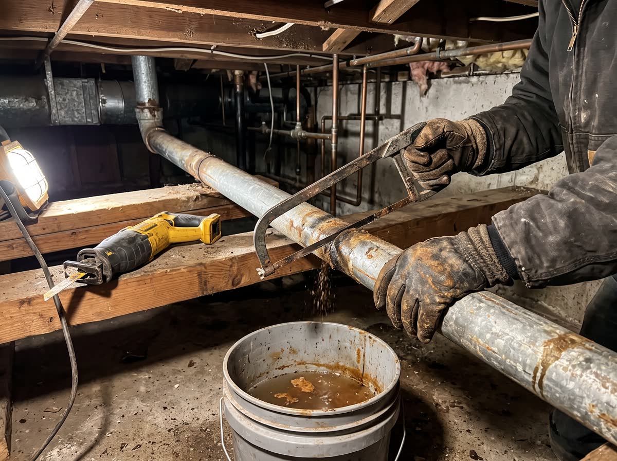 A plumber’s gloved hands sawing through a corroded drain line in a basement, a bucket set below to catch the water