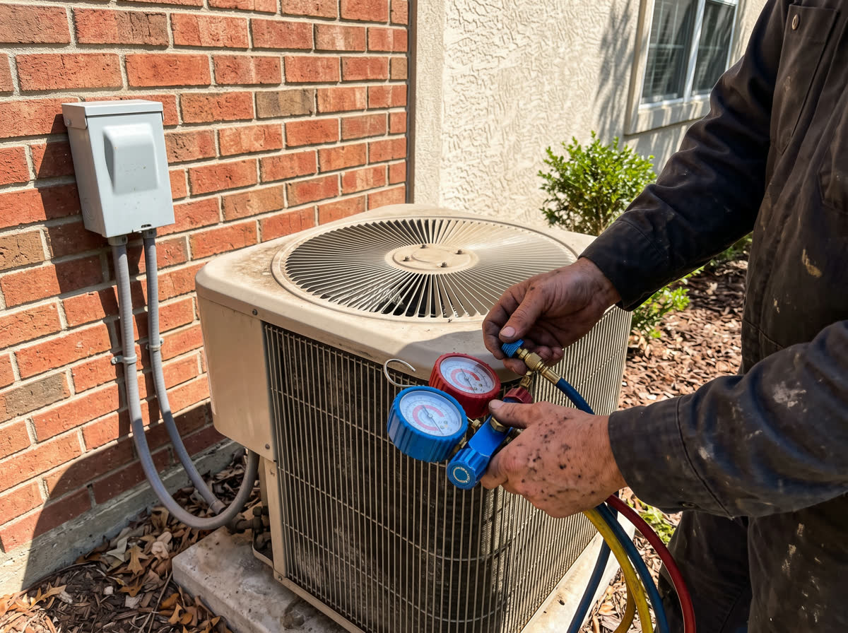 A technician's hands connecting manifold gauges to the service ports of an outdoor condenser unit beside a brick wall