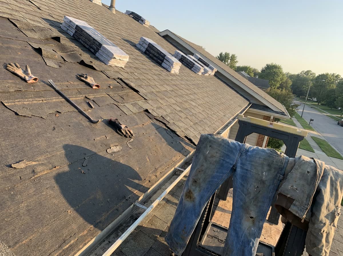 A partly stripped roof with old shingles removed and bundles of new shingles stacked on the slope