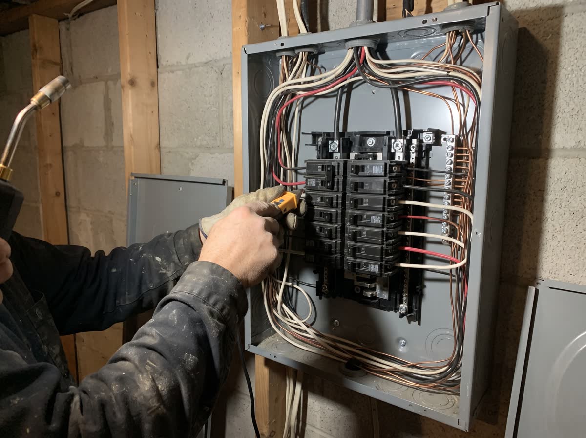 An electrician testing a circuit with a clamp meter at an open load center in a basement