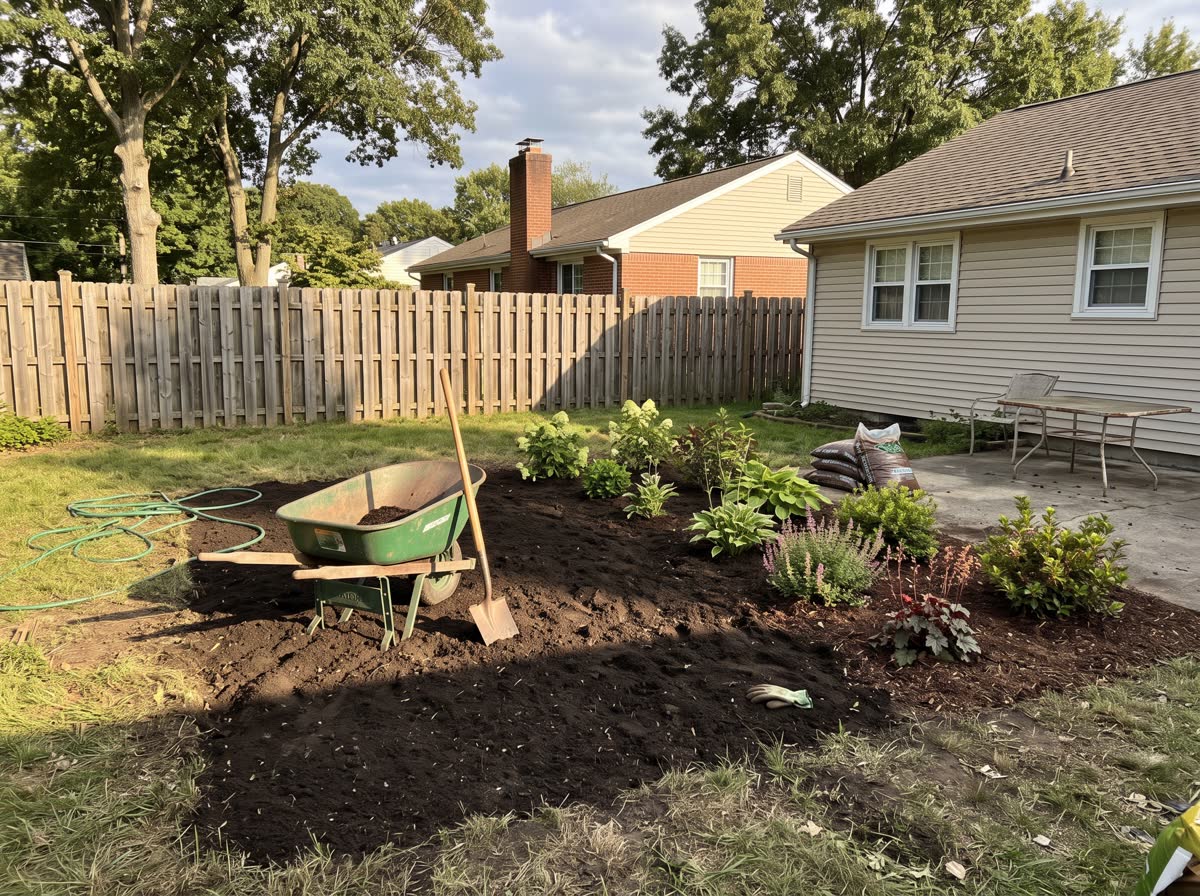 A new planting bed cut into a back yard and freshly mulched, a wheelbarrow and a shovel standing in the soil