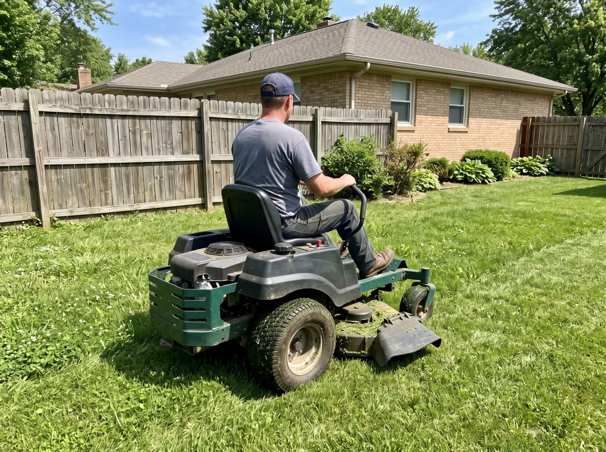 A man on a zero-turn mower cutting a fenced back lawn, the deck throwing clippings behind him