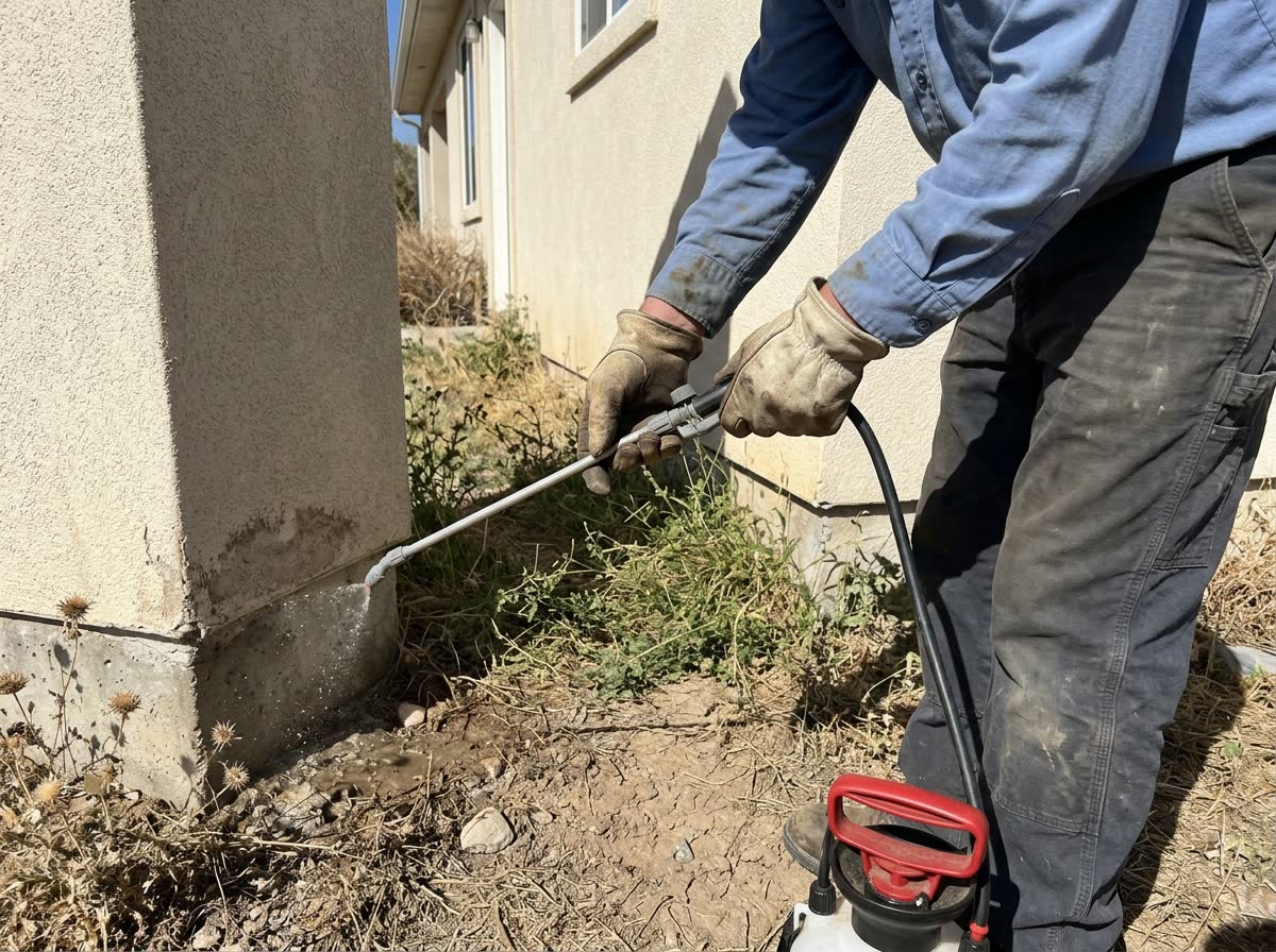 A technician treating the foundation line along the base of a house wall with a hand sprayer
