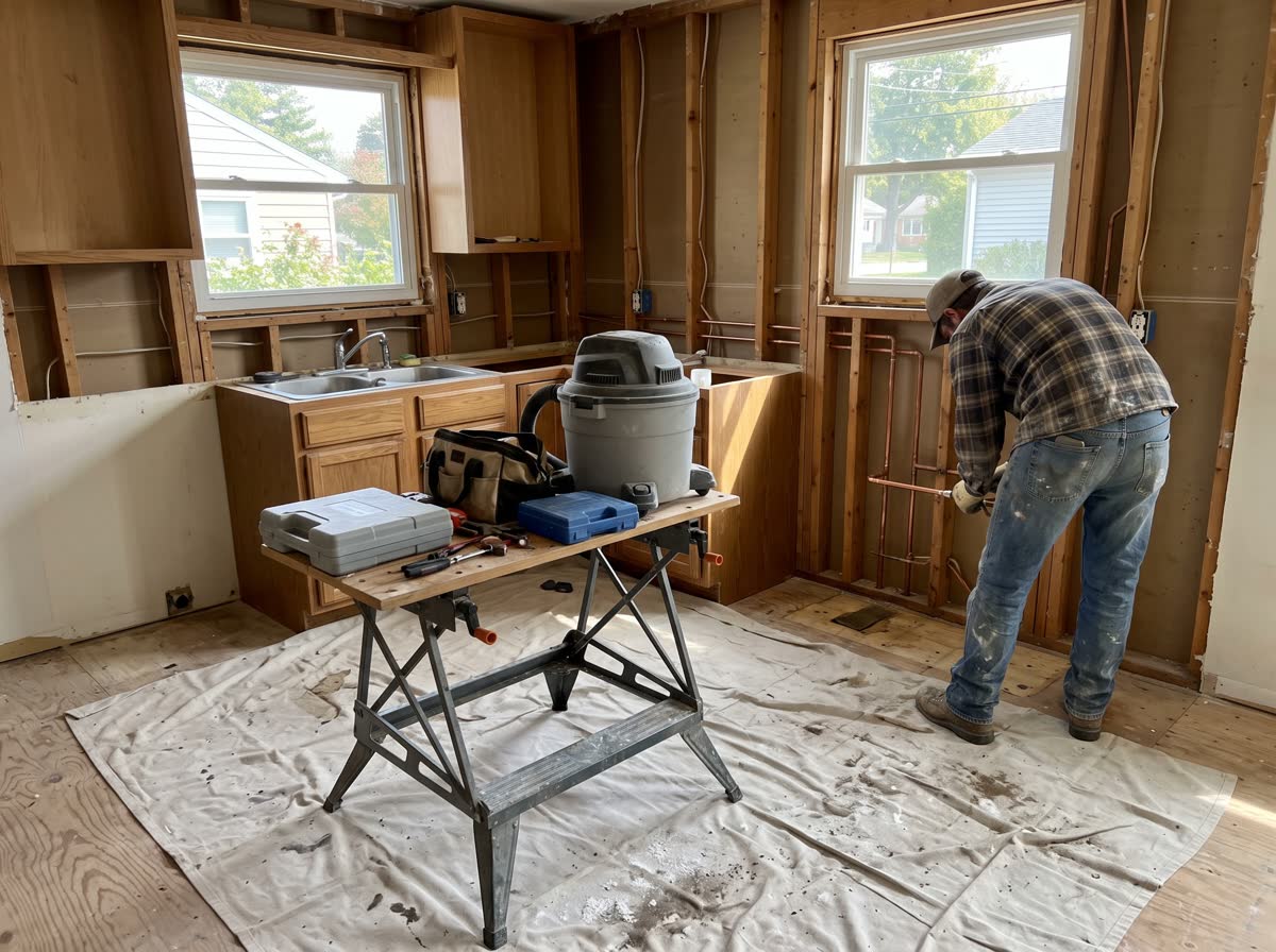 A kitchen stripped to the studs with copper supply lines exposed, a carpenter working at the far wall over a drop cloth