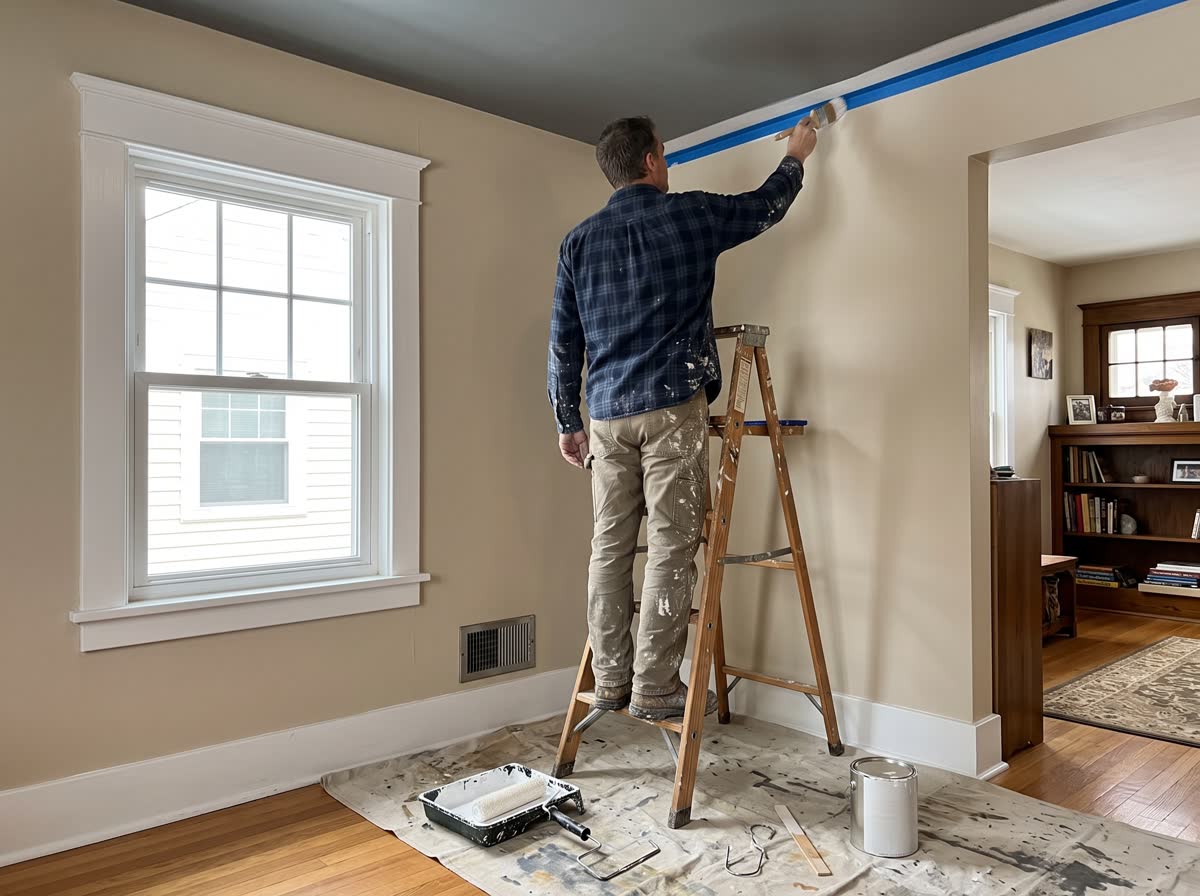 A painter on a wooden stepladder cutting in along a taped ceiling line in a living room