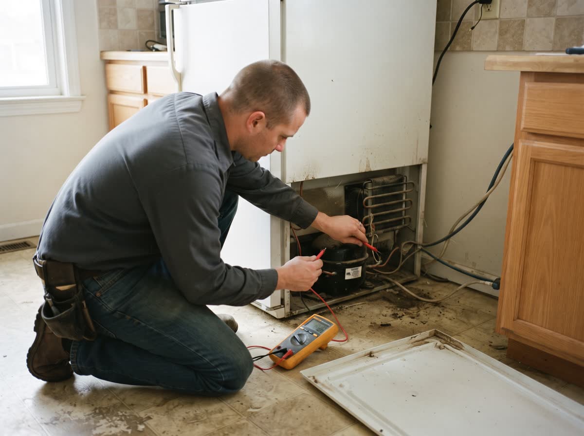 A technician kneeling behind a refrigerator pulled out from the cabinets, probing the compressor relay with a multimeter, the access panel off on the floor beside him
