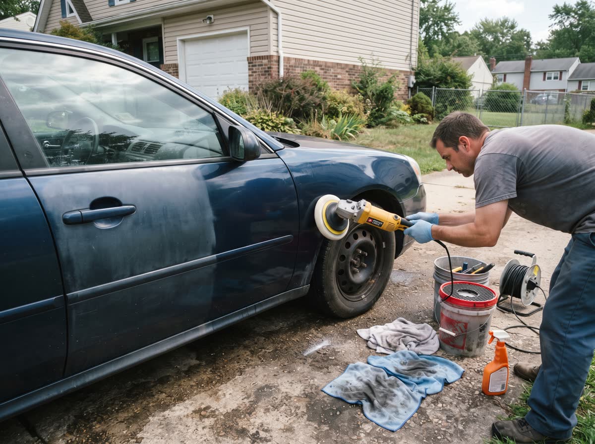 A car panel being machine polished on a driveway, a clean wet-looking section beside a dull hazy one, buckets and folded towels on the ground