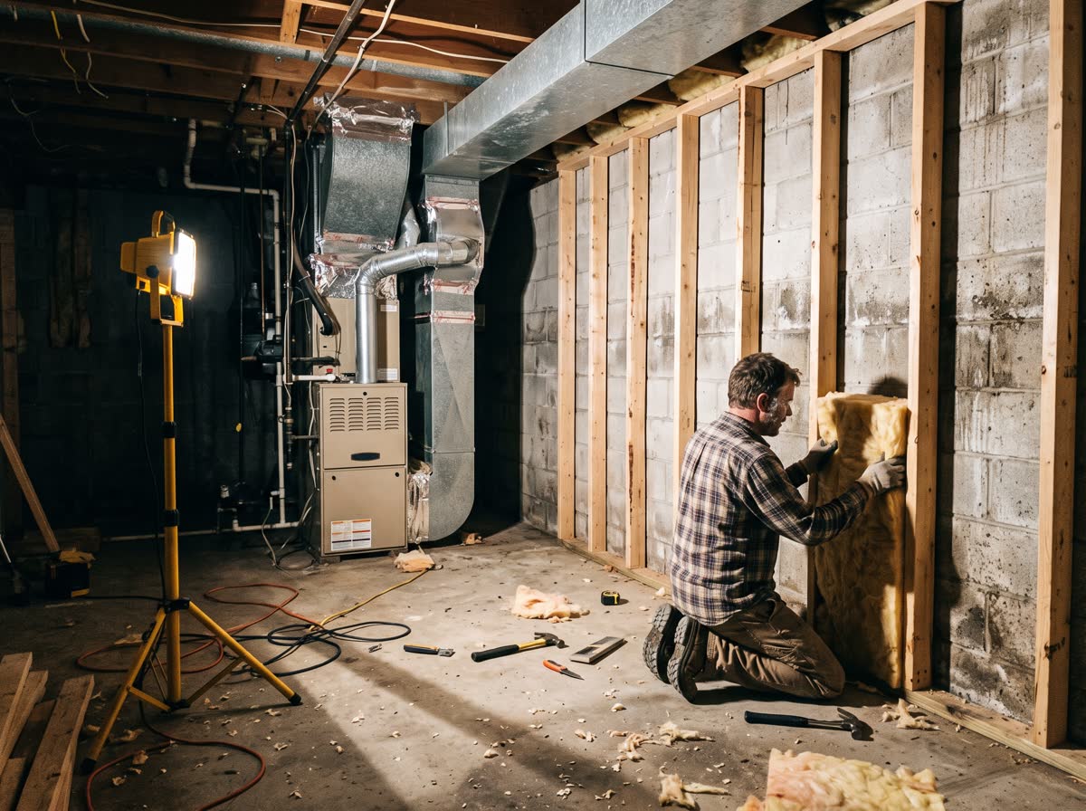 A basement being finished, new stud walls framed against block with insulation going into a bay, the furnace and ducting still exposed at one end