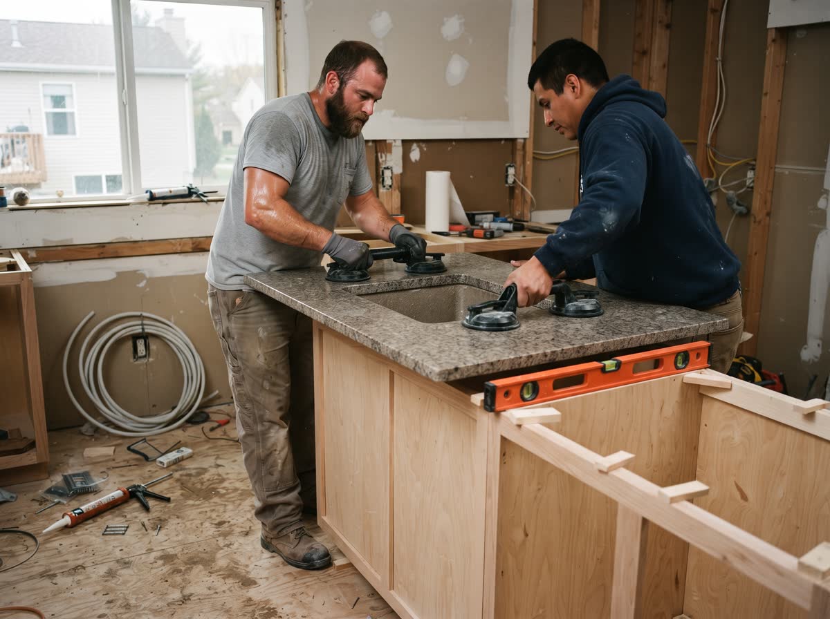 Two installers lowering a stone countertop onto new base cabinets, suction lifters on the slab and the sink cutout visible