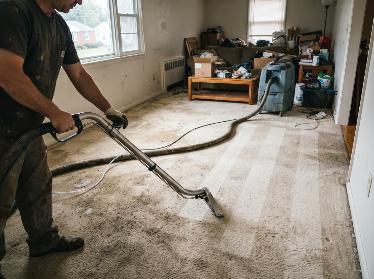 A carpet extractor wand drawn across a living room carpet, leaving a bright clean stripe beside the dull soiled pile
