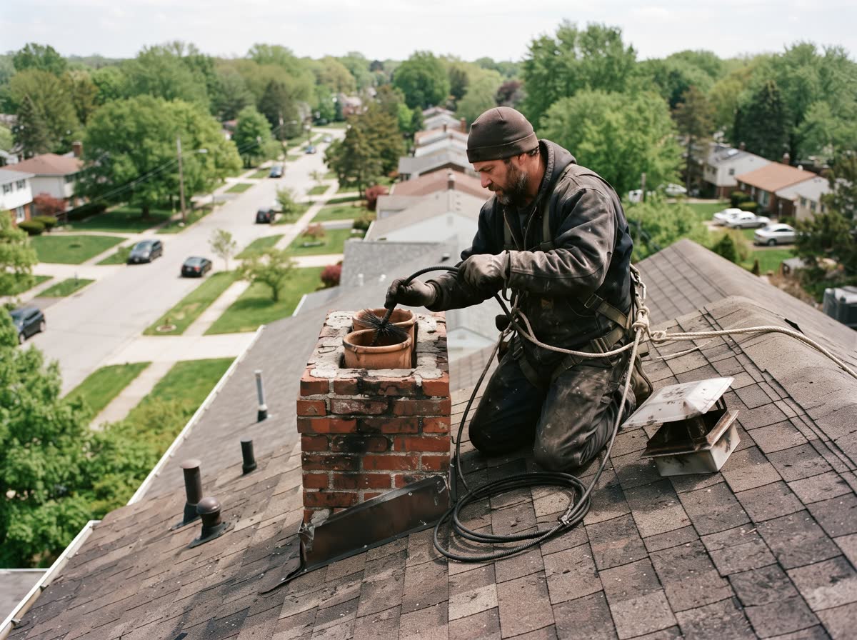 A sweep on a shingle roof feeding a rod and brush down a brick chimney, the cap set on the shingles beside him