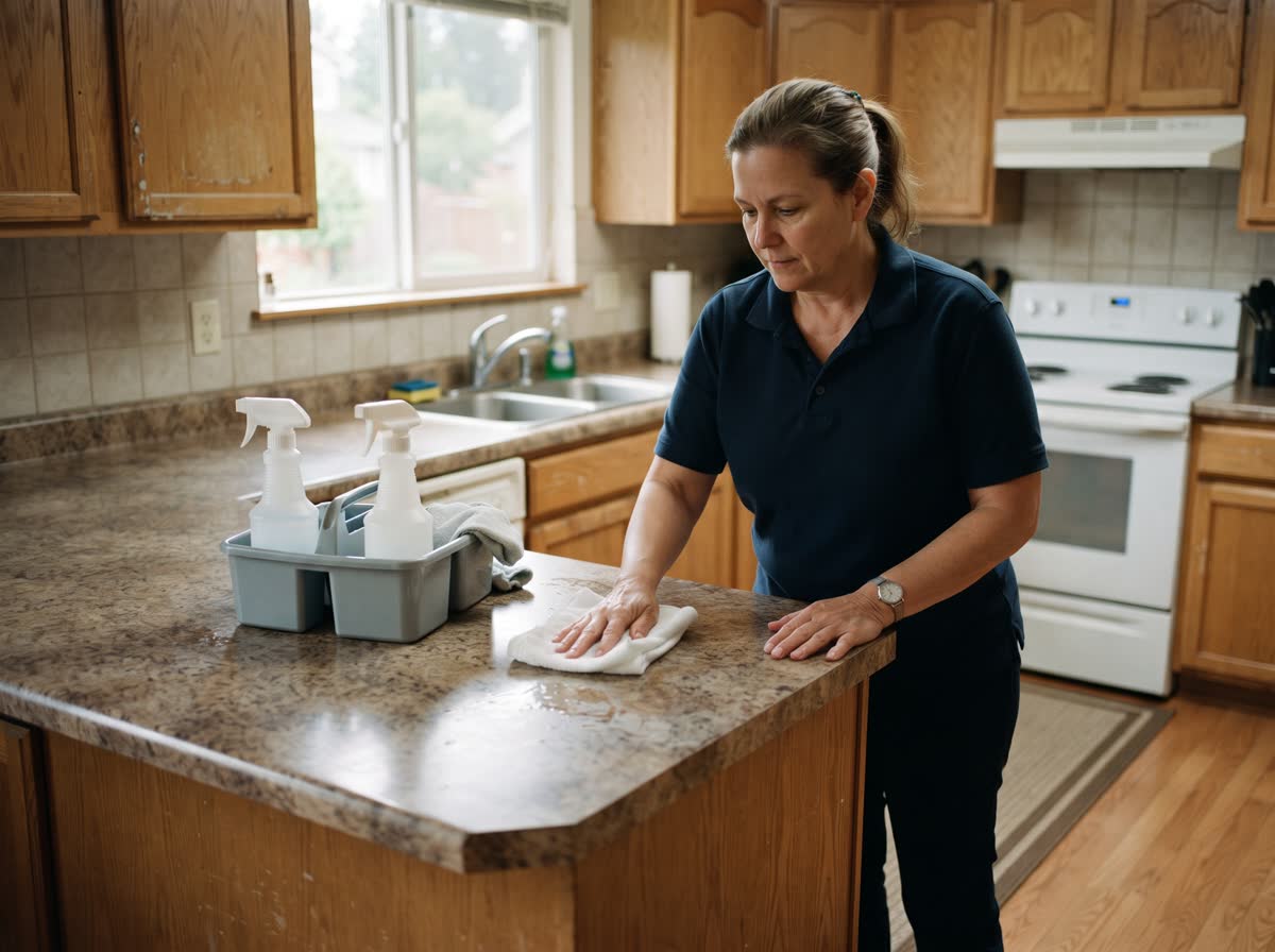 A cleaner wiping down a kitchen counter, a caddy of plain unlabelled bottles beside her and the surfaces already clear