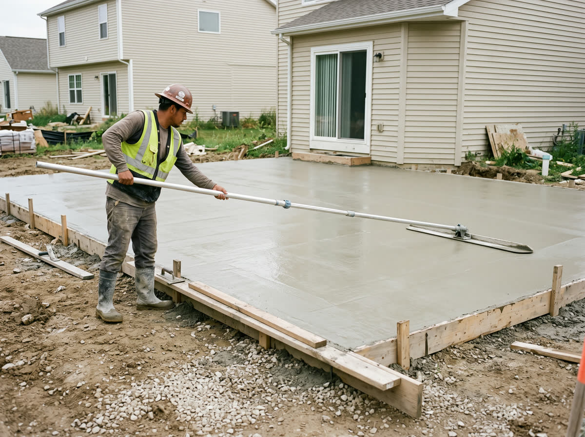 A concrete finisher standing on the gravel outside the form boards, reaching across a freshly poured patio slab with a long-handled bull float