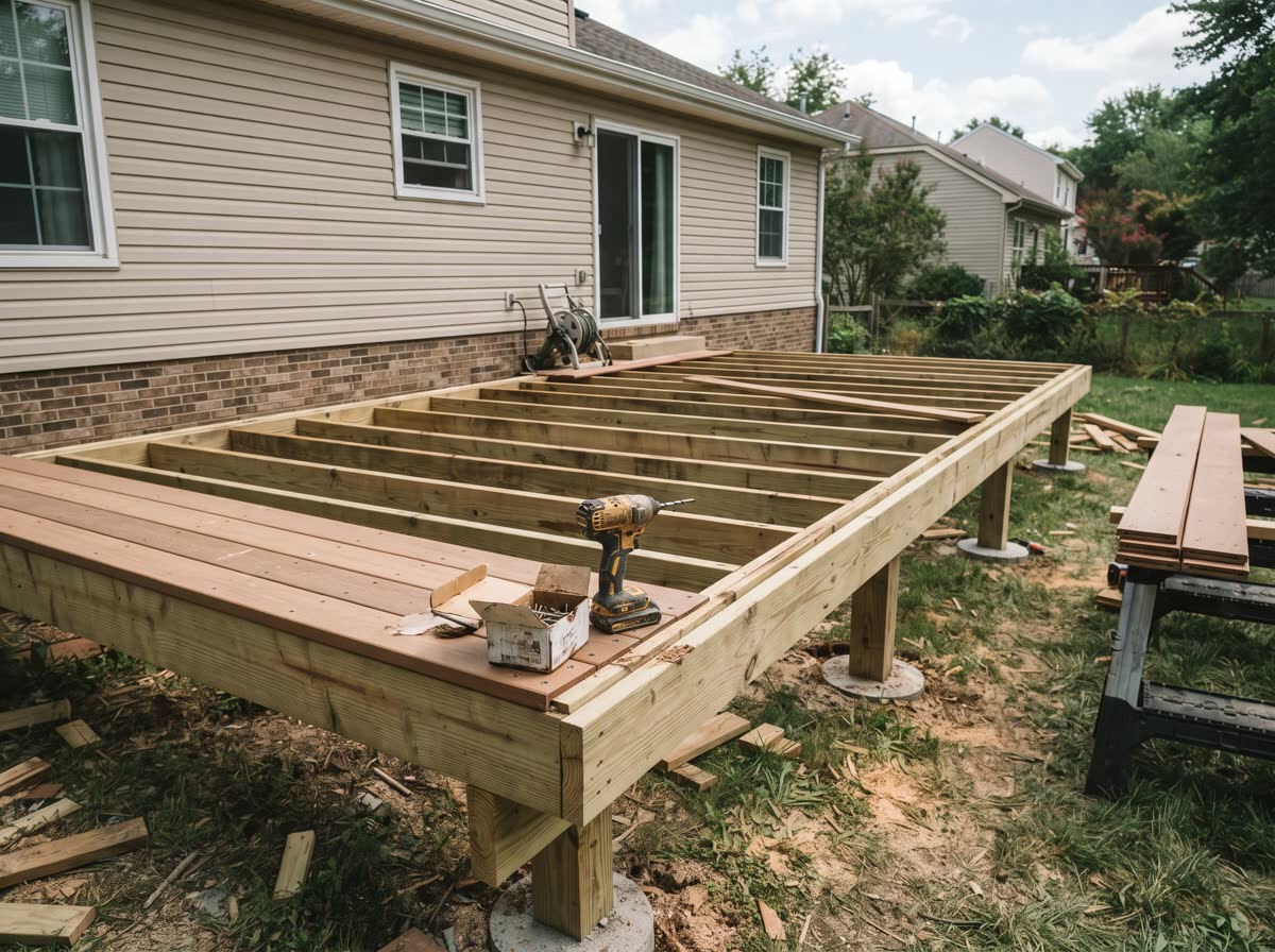 A deck under construction behind a house, joists set on posts with the first decking boards laid at one end and a driver and box of screws on the frame