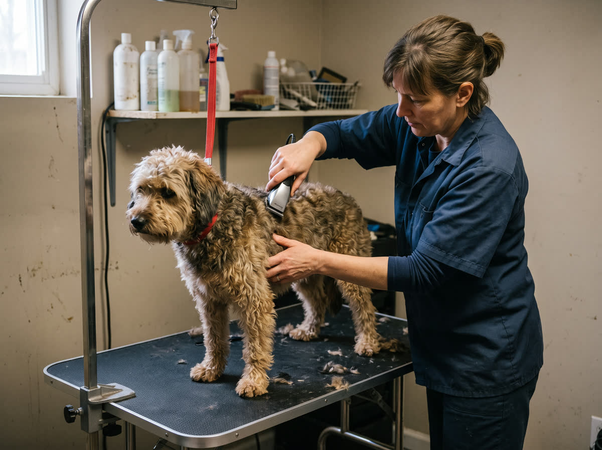 A groomer clipping a dog standing on a rubber-topped grooming table, one hand steadying its shoulder
