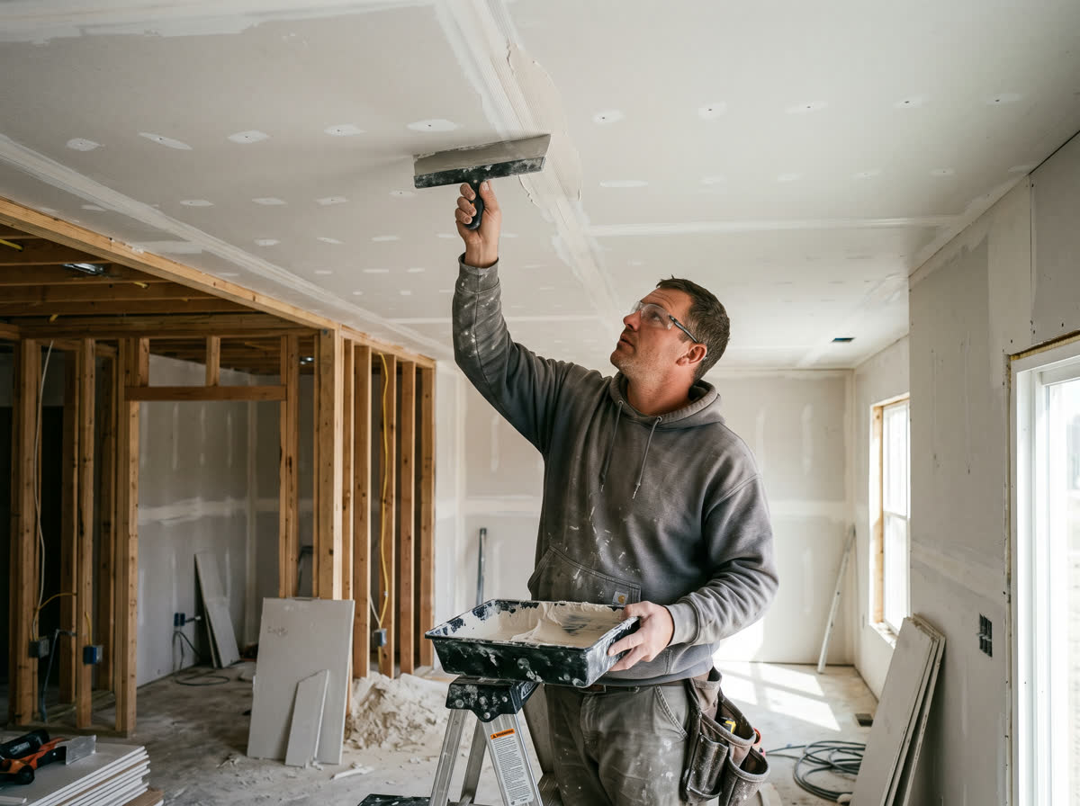 A finisher drawing compound along a ceiling seam with a wide knife, mud pan in his other hand, screw dimples already spotted along the sheet