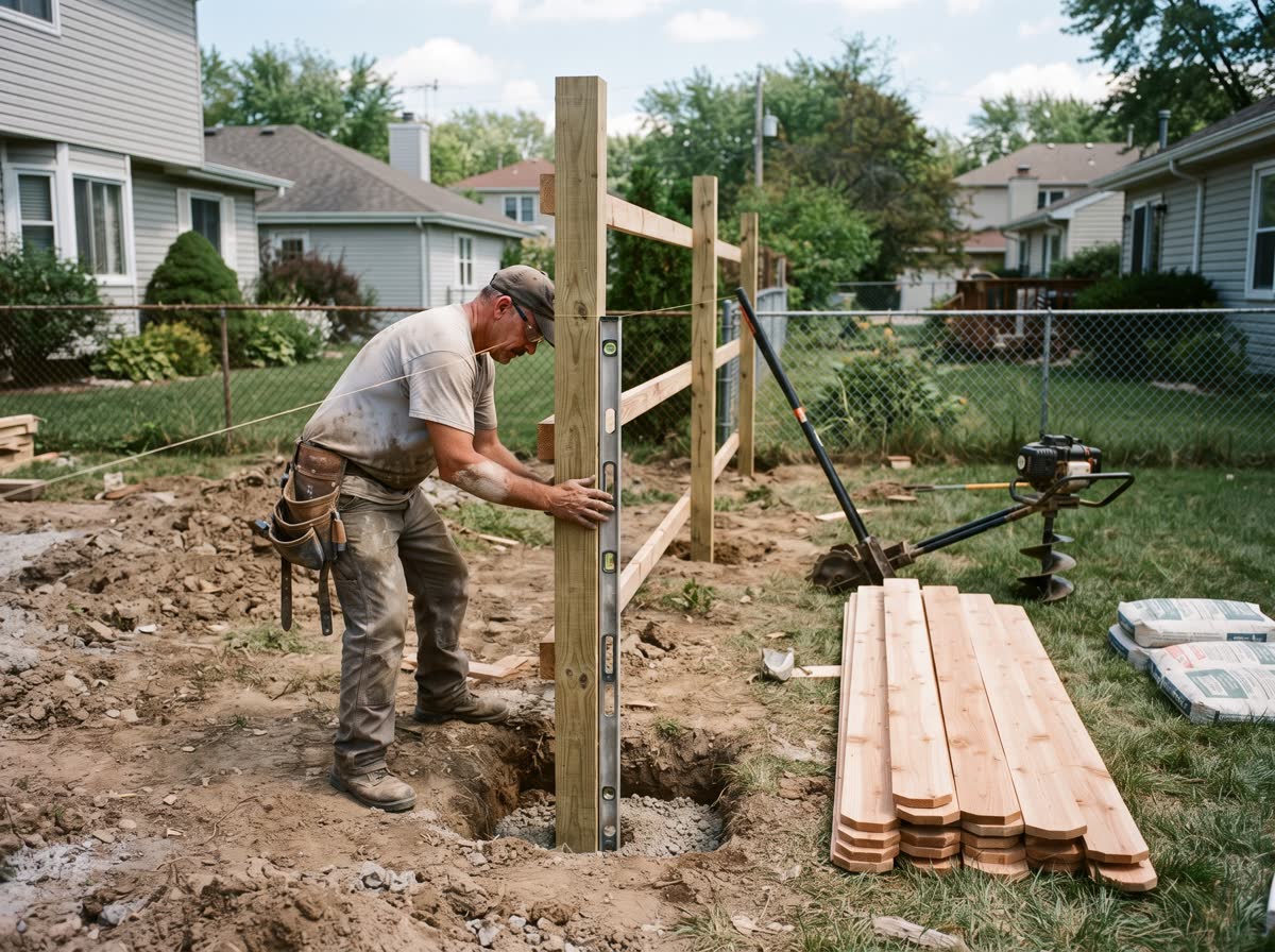 A worker holding a fence post plumb against a level in a fresh hole, string line run along the property line, dog-ear pickets and an auger waiting on the grass