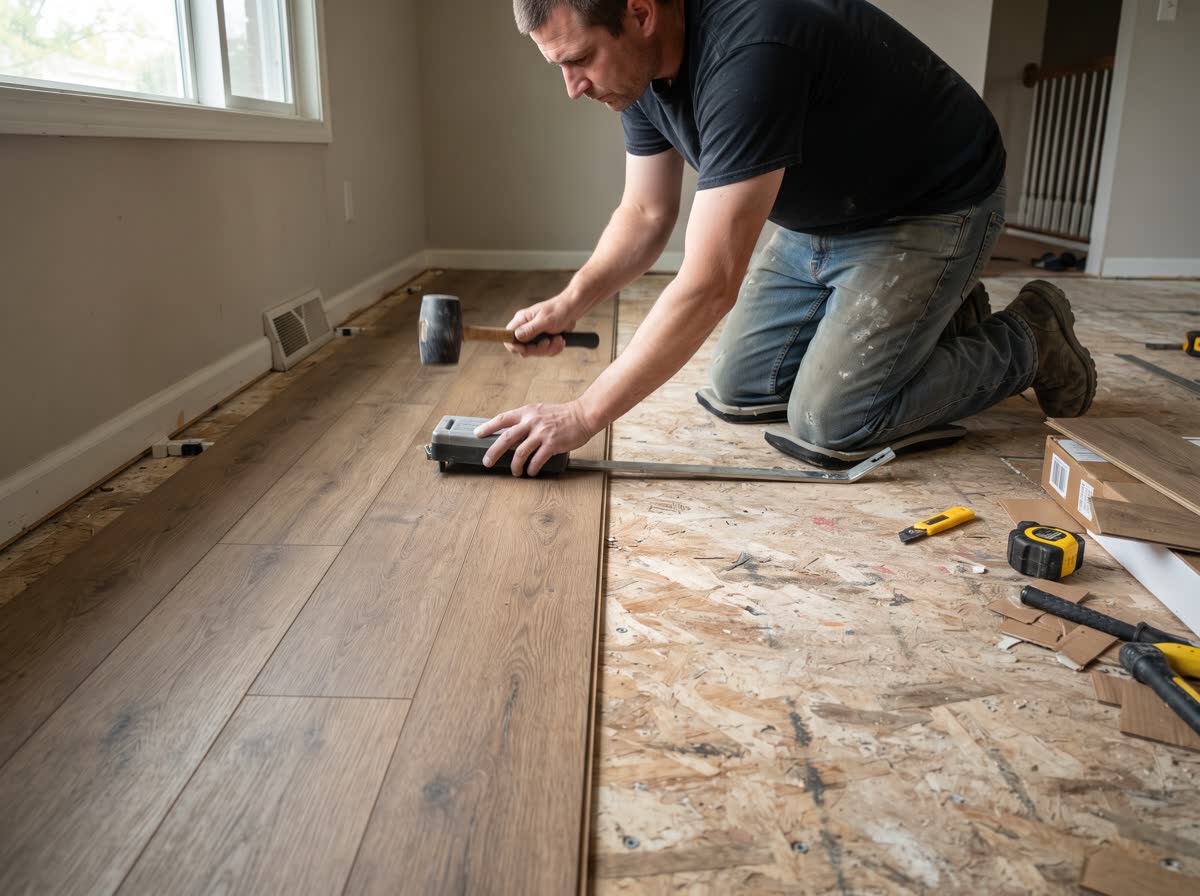 An installer tapping a vinyl plank home with a tapping block, half the room laid and half still bare subfloor