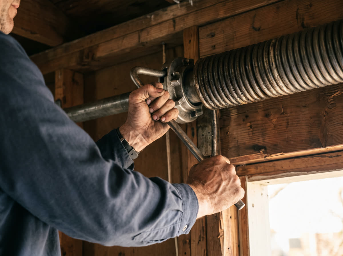 A garage door technician's hands and forearms braced on a winding bar seated in the cone of a torsion spring