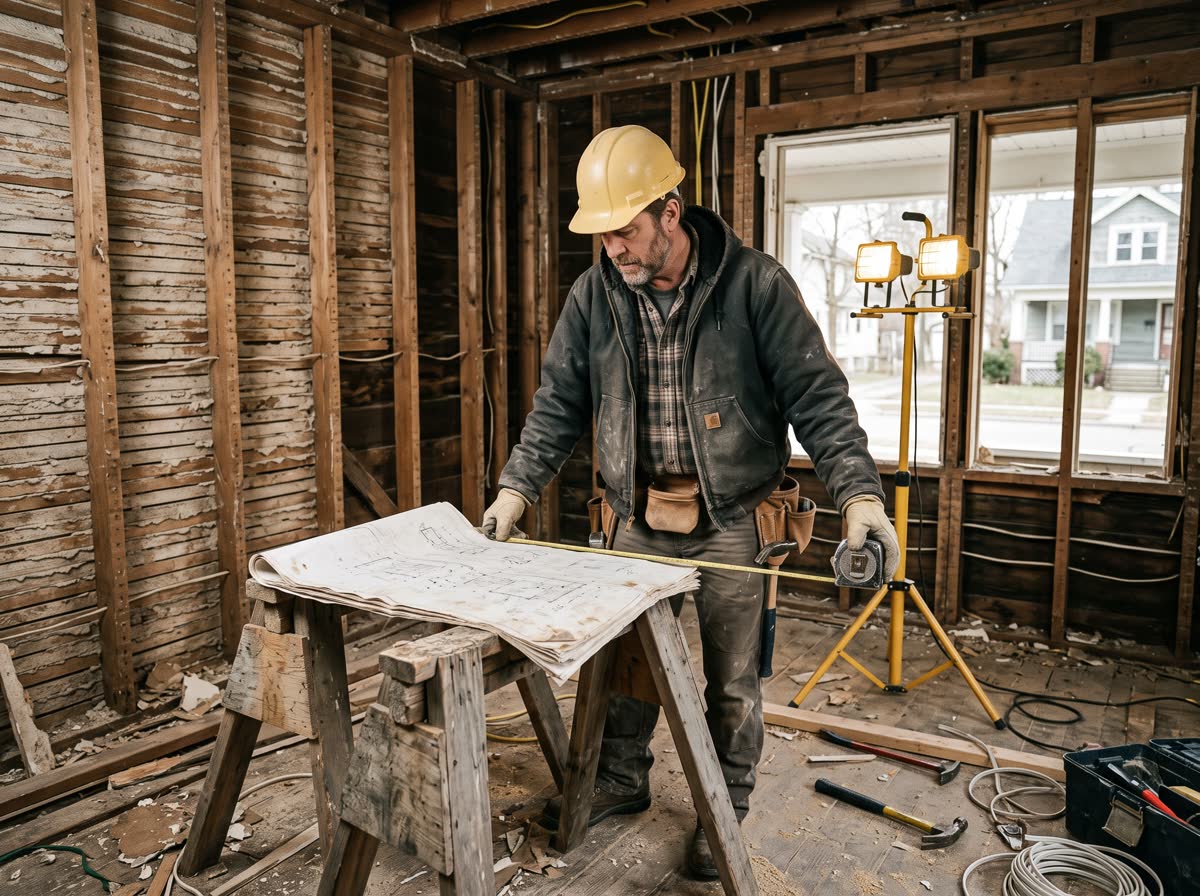 A contractor with plans open across a sawhorse in a room stripped back to the studs, tape measure in hand and a work light behind him