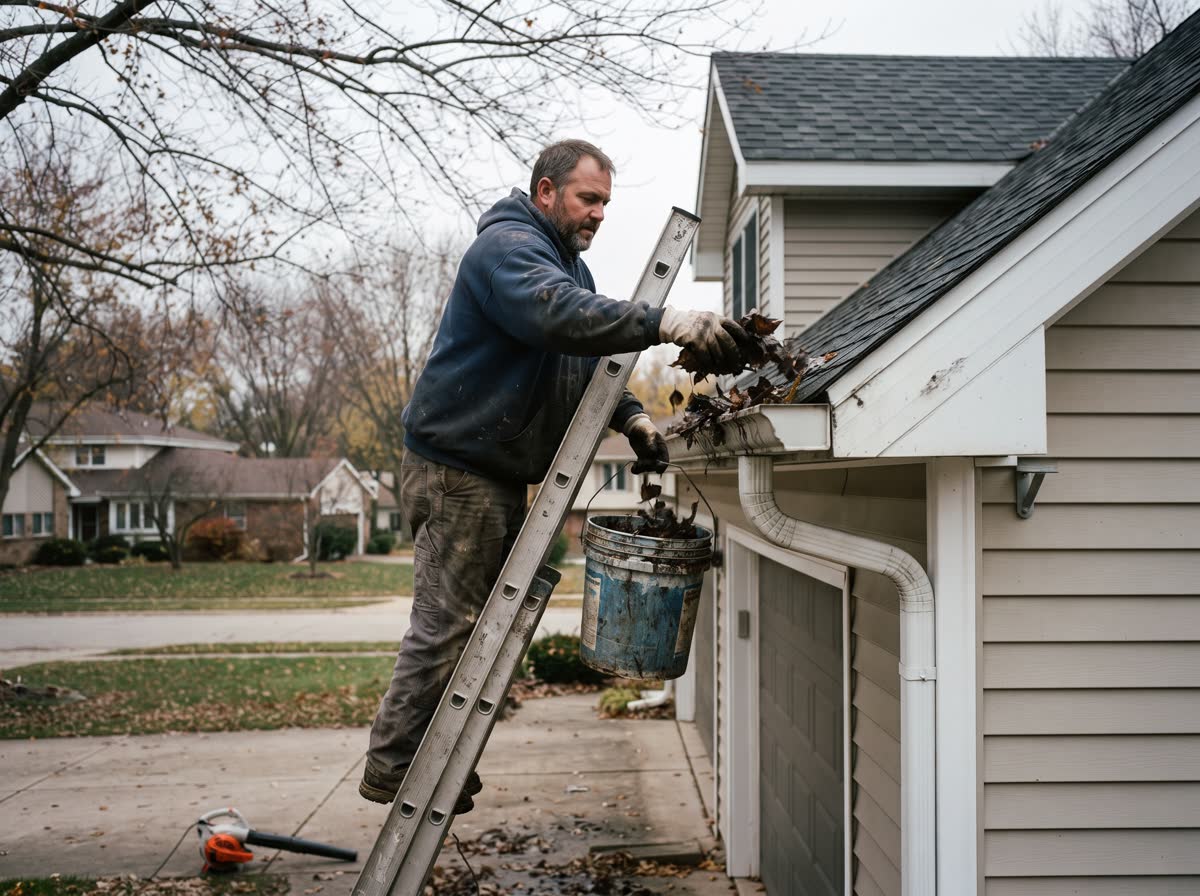 A worker near the top of an extension ladder pulling wet leaves out of a gutter into a bucket hooked on the rung, bare autumn branches overhead