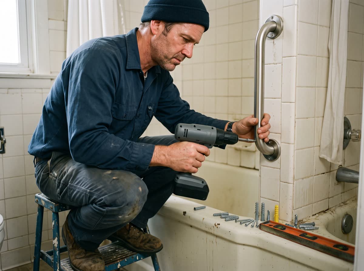 A handyman on a step stool driving an anchor screw through the lower flange of a stainless grab rail beside a bathtub, anchors and a level laid out on the tub edge