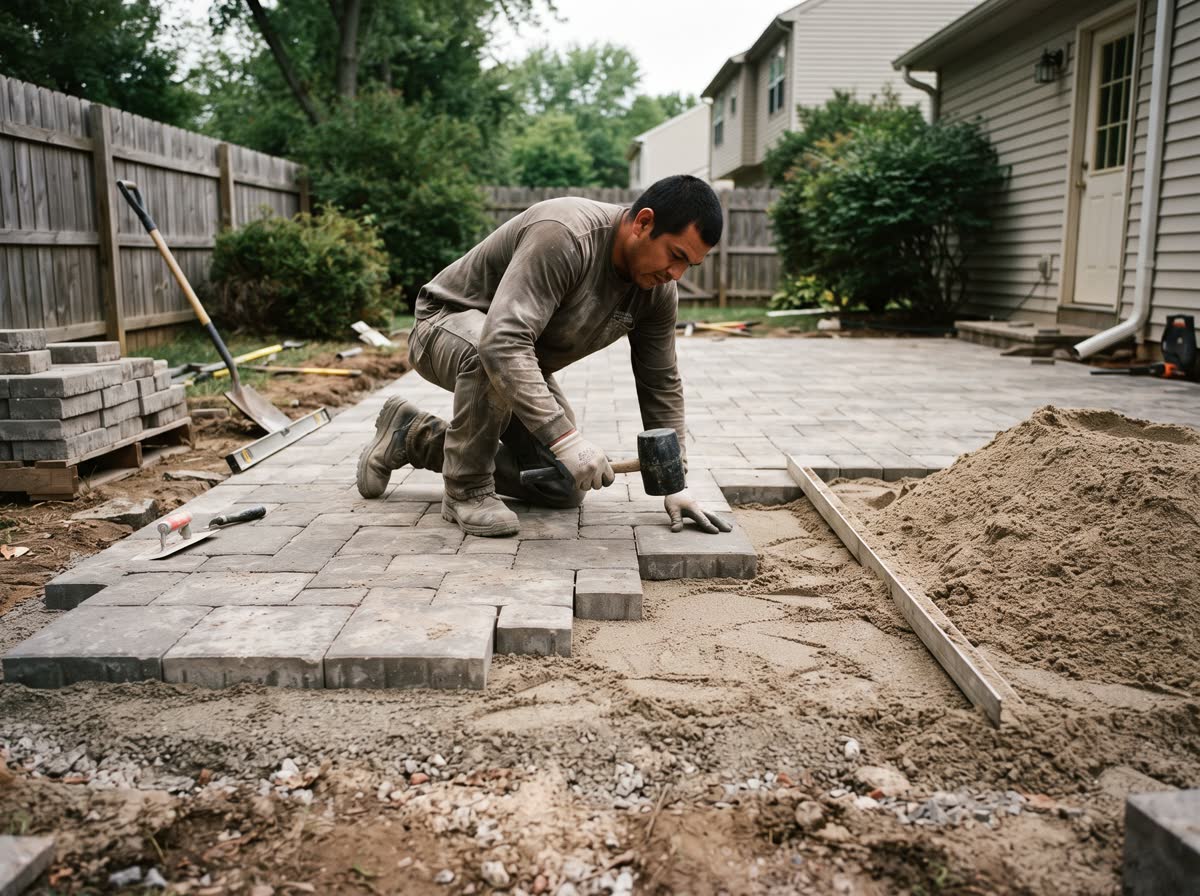 A paver patio being laid in a back yard, one paver being tapped down with a rubber mallet, screed rails and a pile of bedding sand alongside