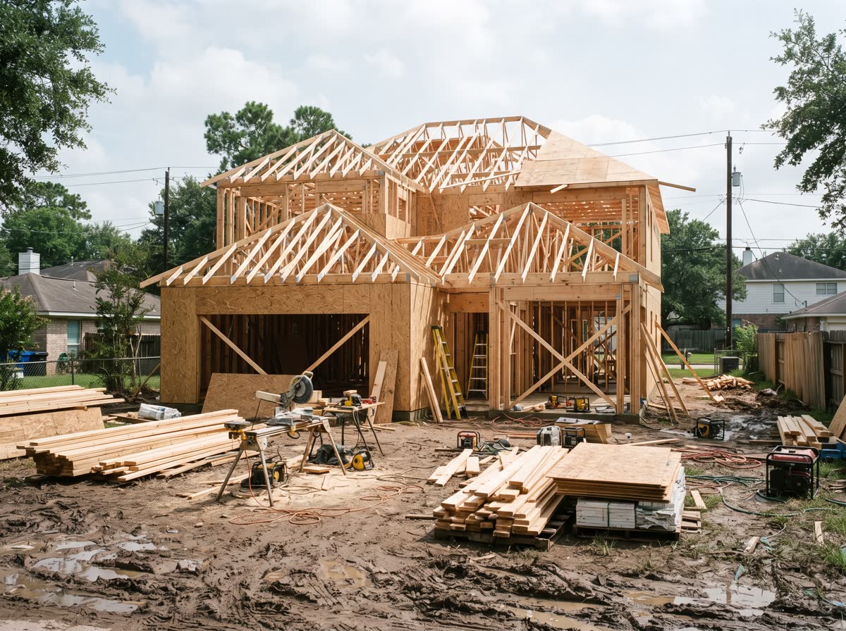 A house under construction at the framing stage, walls and roof trusses up and sheathing partly on, lumber stacked in the mud of the front yard