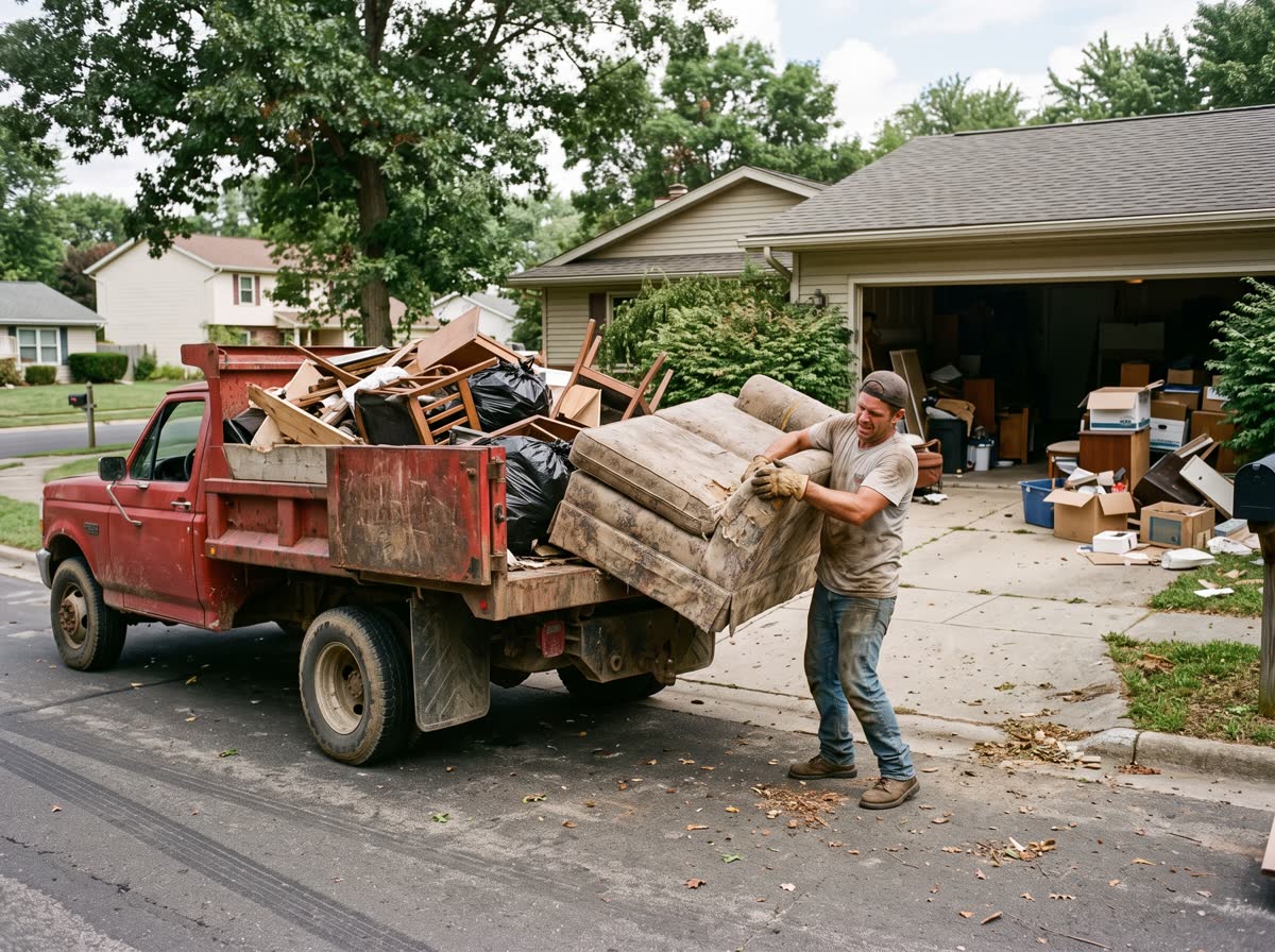 A worker lifting one end of a worn sofa into the open bed of a dump truck on a driveway, the garage open and half emptied behind him