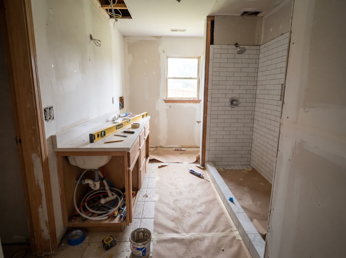 A bathroom mid-renovation, newly tiled shower with fresh grout, a vanity set in place but not yet plumbed and paper protecting the floor