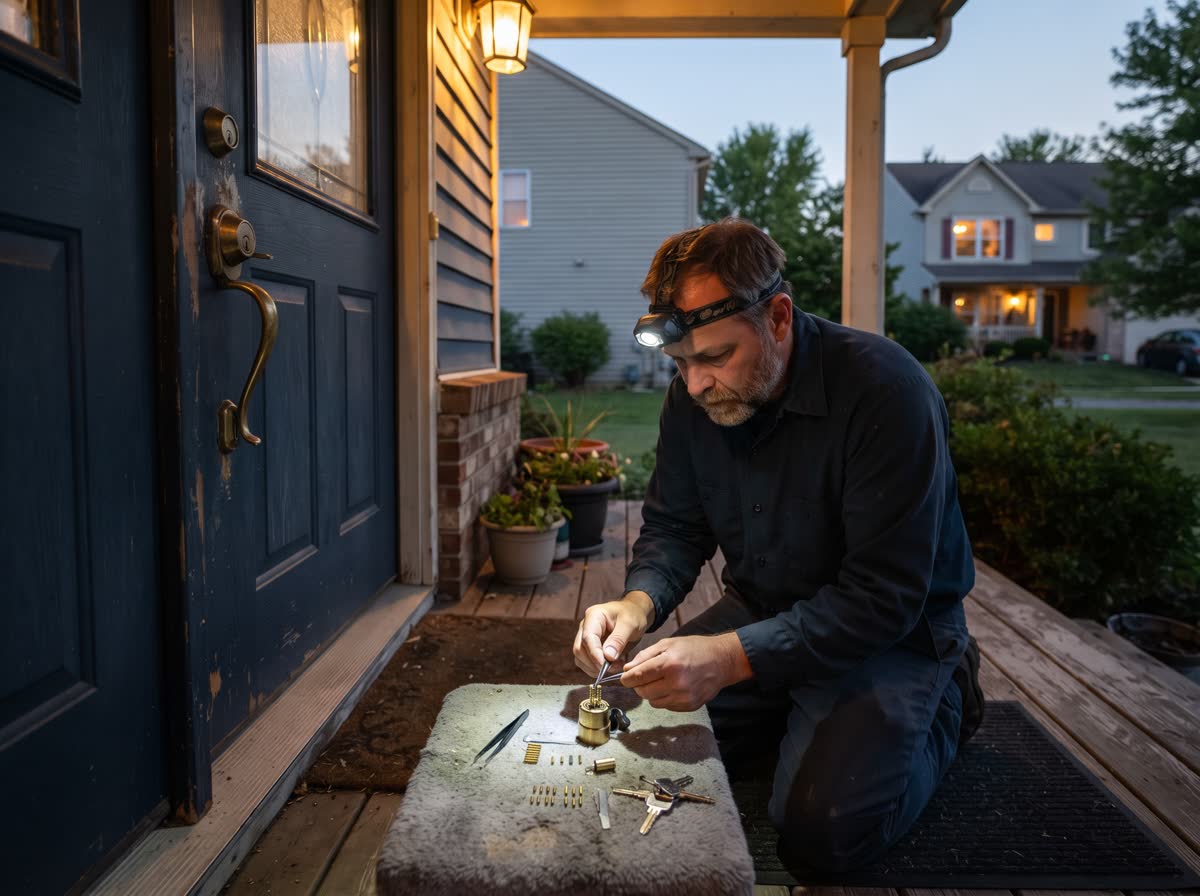 A locksmith rekeying a deadbolt on a front door at dusk, cylinder out and pins laid on a mat, working by head torch under the porch light