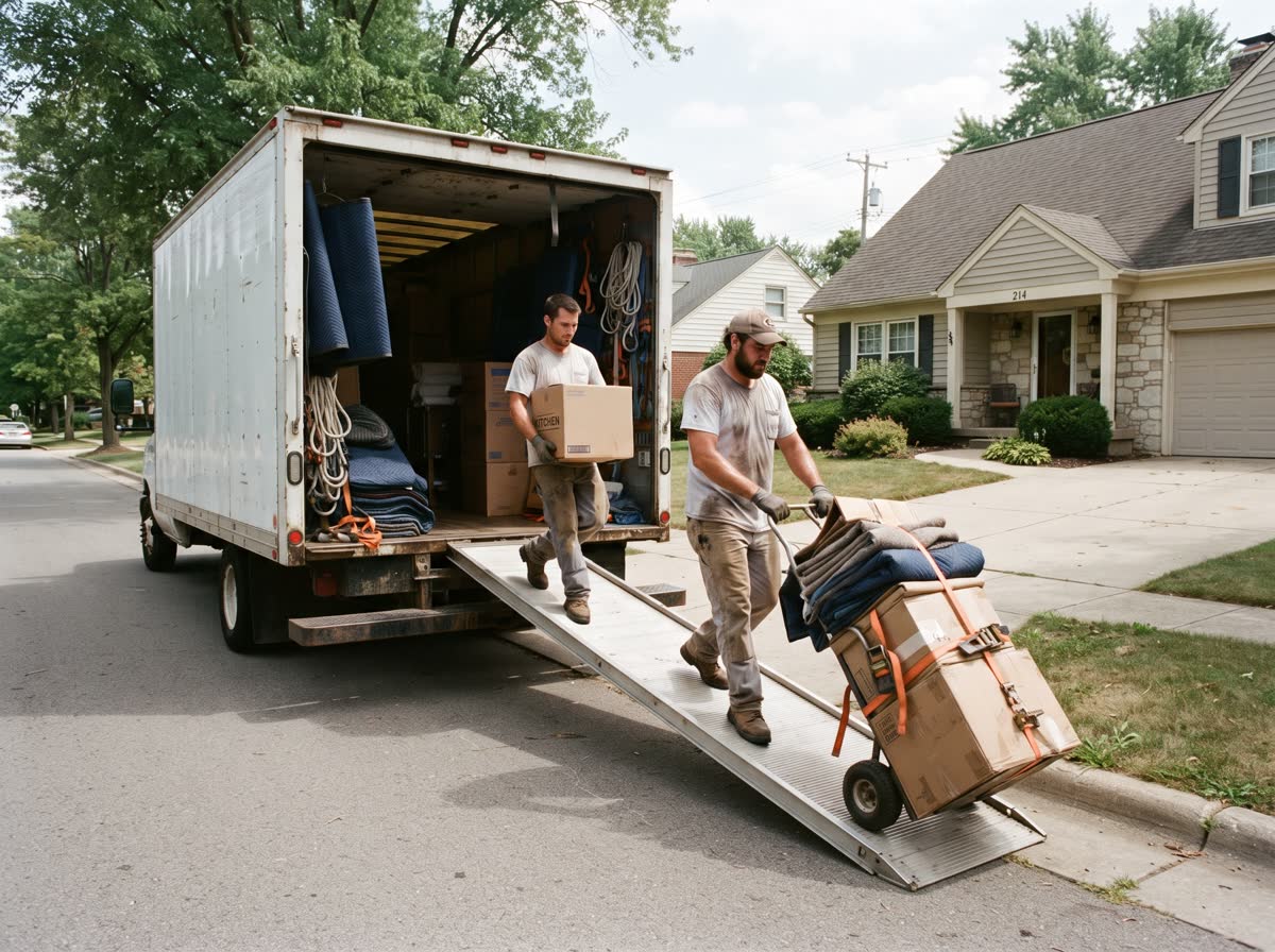 Movers carrying stacked boxes down the ramp of a plain box truck, one man steering a loaded and strapped hand truck, pads and straps hanging inside