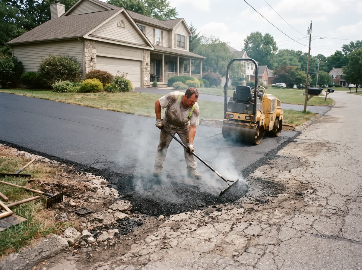 A worker raking hot asphalt at the edge of a fresh driveway with a roller behind him, steam rising, the old cracked surface still visible at the road