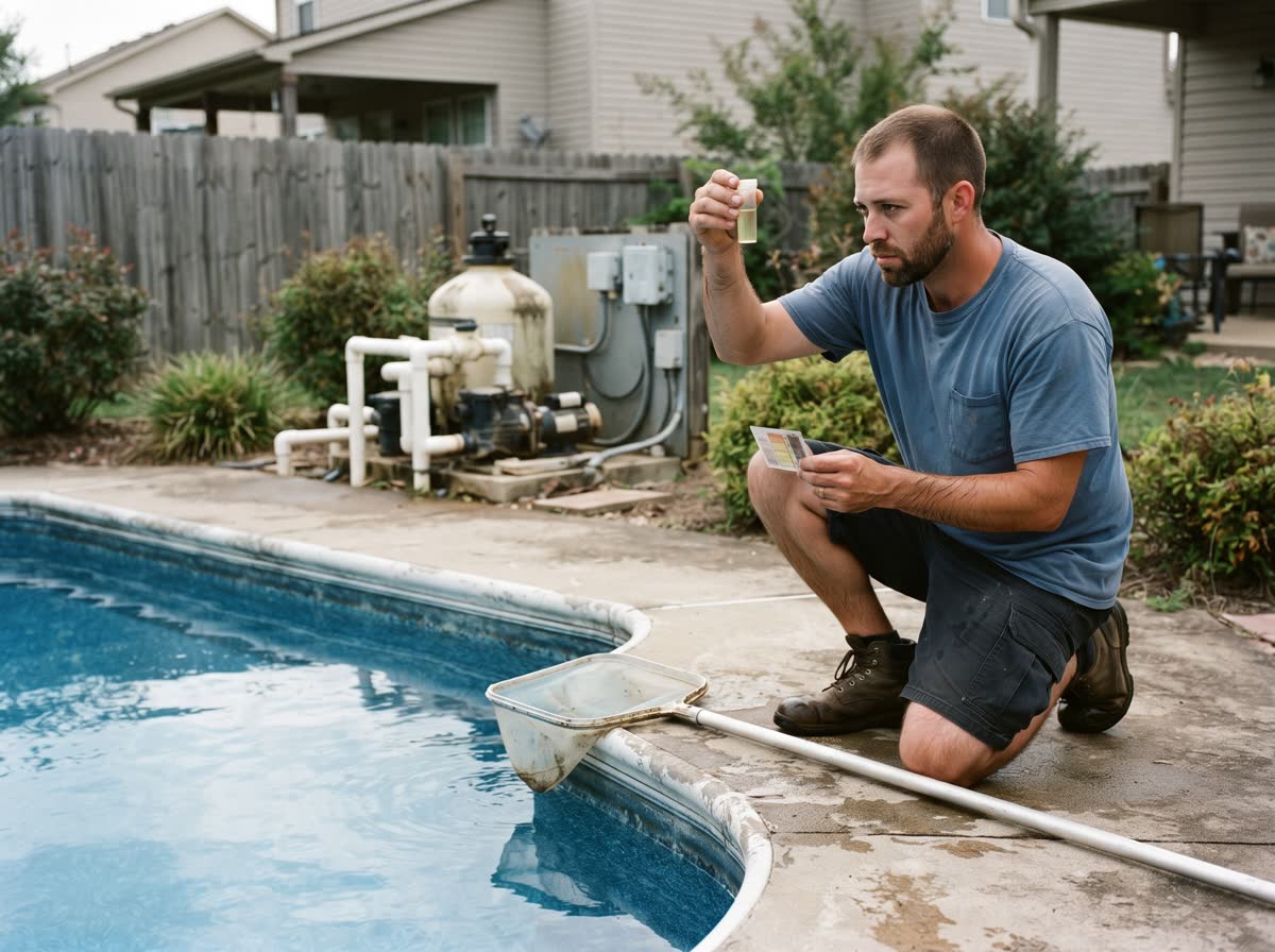 A pool technician kneeling at the edge of a back-yard pool holding a water test vial up to the light, skimmer on the coping and the filter pad behind him