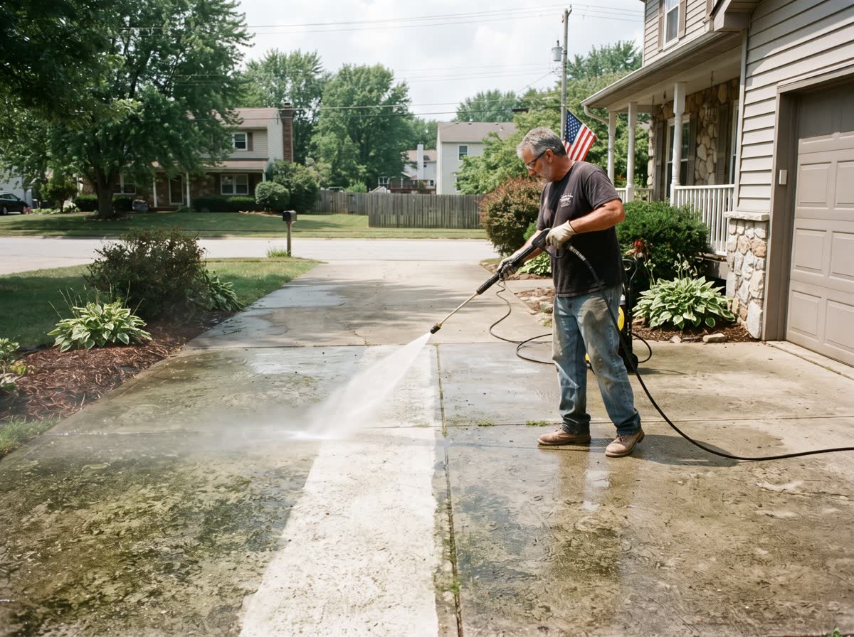 A driveway being pressure washed, a clean pale stripe cut through the grey-green grime, spray caught in the sunlight