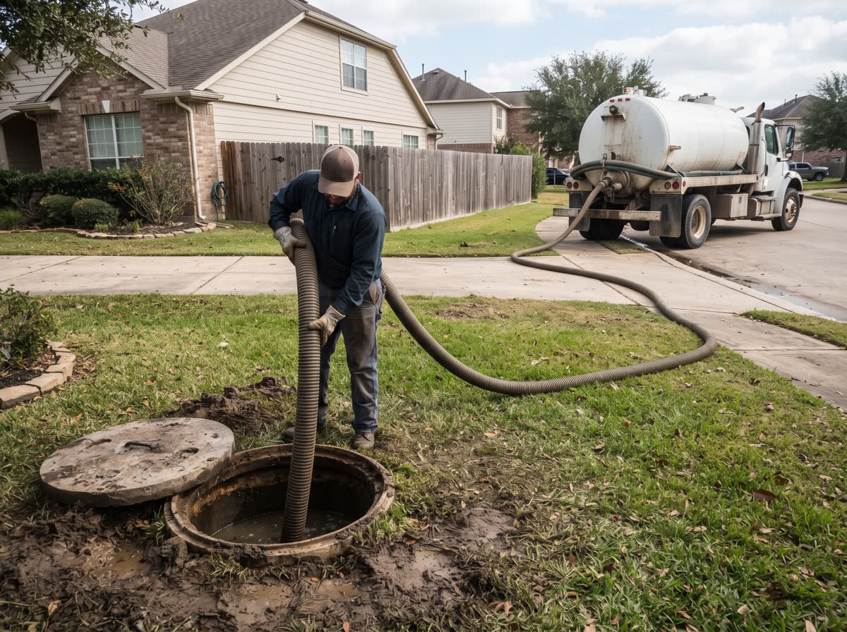 A septic tank lid lifted open in a back yard with a thick suction hose run across the grass from a pump truck at the kerb