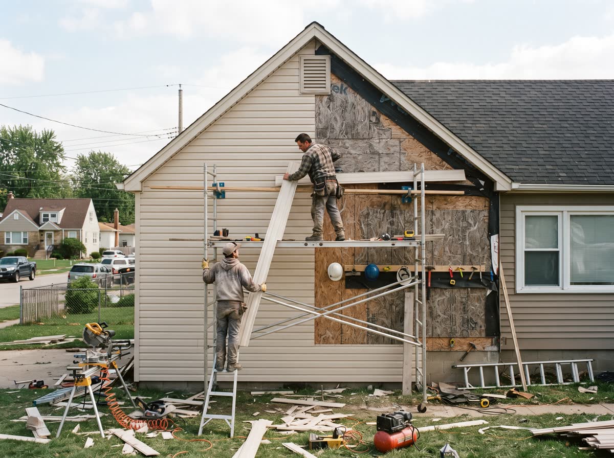 Two workers installing vinyl lap siding on the gable end of a house, half the wall re-clad and half stripped back to the sheathing, staging and offcuts on the lawn below