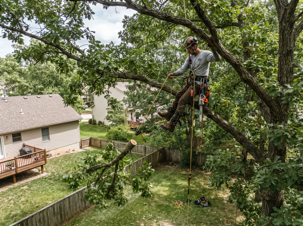 An arborist in harness high in a back-yard hardwood, roped in with a small saw on his saddle and a cut limb hanging on a rigging line below