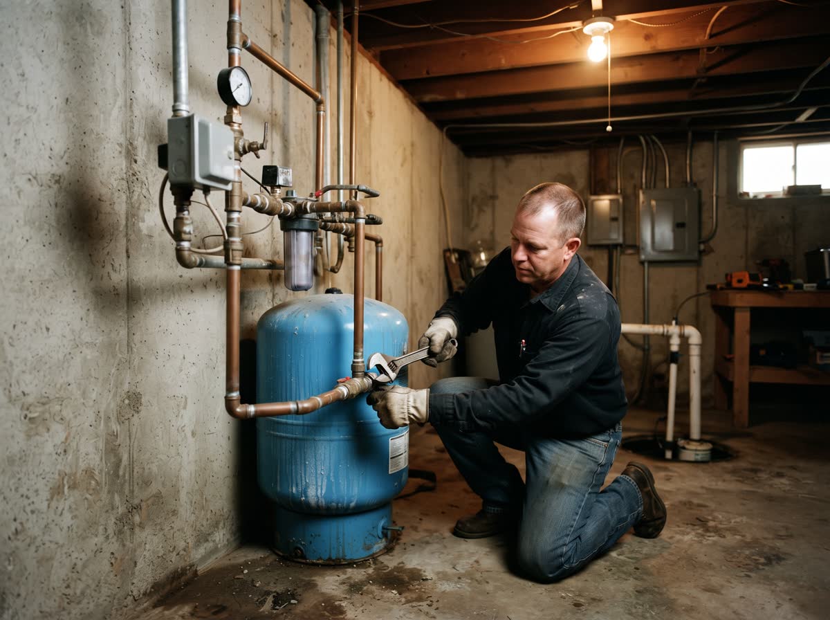 A technician with a wrench on the union fitting of a well pressure tank in a basement utility corner, gauge and switch box on the pipework