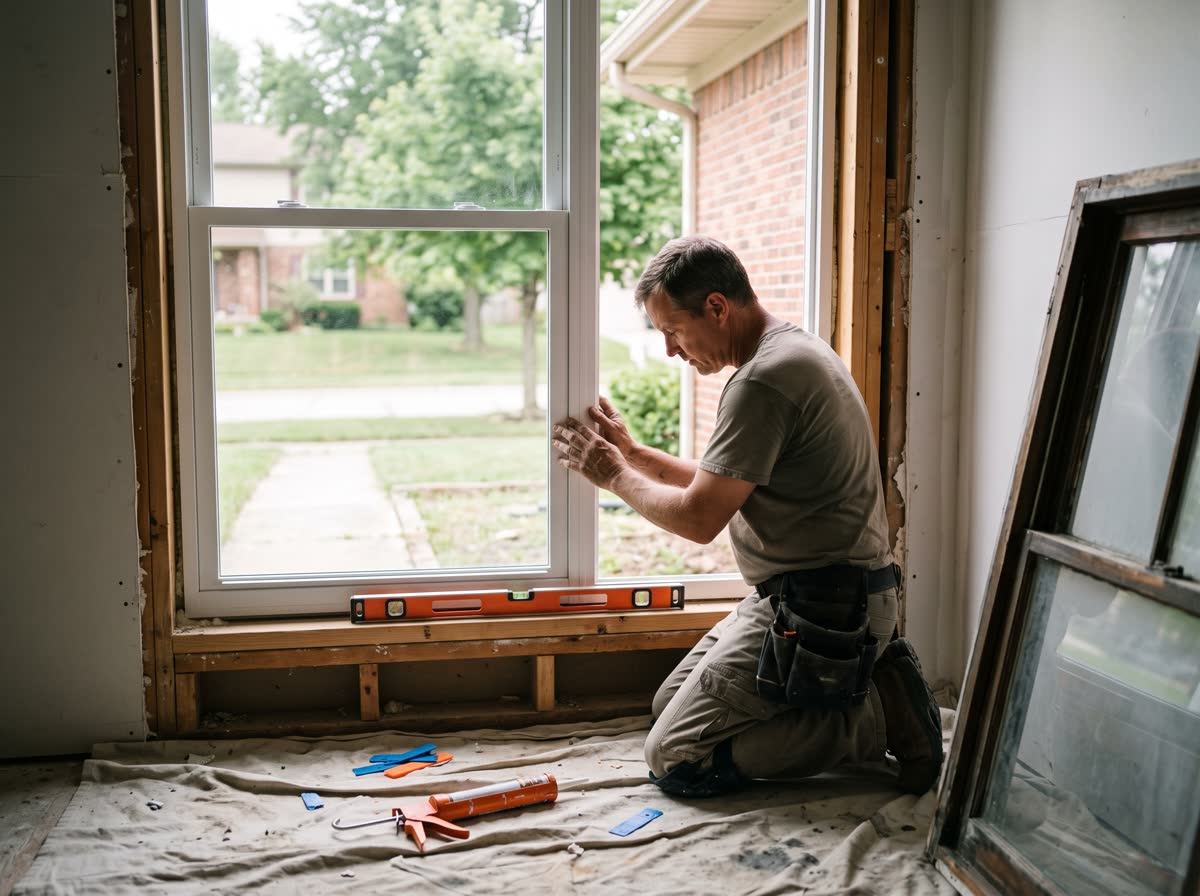 An installer kneeling at a new double-hung window set into its opening, both hands on the frame, a level lying along the sill and the old sash leaning against the wall